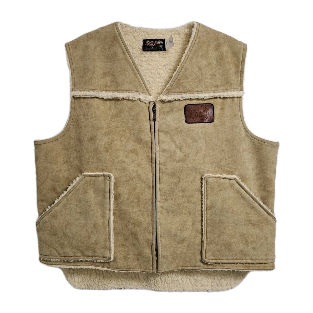 Swingster Vest Mens XL Tan Quaker State Oil Sherpa Lined Faux Suede Vintage **‎